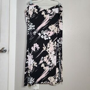 Vip Knits Maxi Skirt Plus Size 30/32 Pink Black Floral A-Line Side Slit